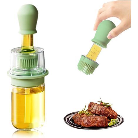 Oliepensdispenser, 180 ml 2-in-1 olie-dispenser glazen oliefles keuken olijfolie met siliconen penseel druppelpipet voor BBQ, frituren, bakken, BBQ-pannenkoek (1/5)