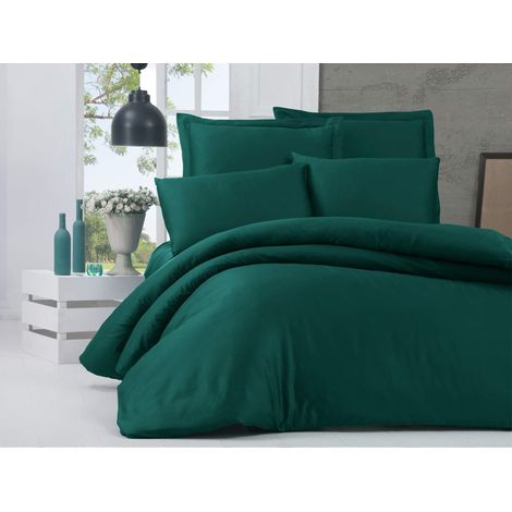 Parure de lit en Satin Vert foncé avec Housse de Couette de 135 x 200 cm et taie d'oreiller de 80 x 80 cm 100% Coton, 210 Fils, Lavable en Machine, Design élégant, Double (1/2)