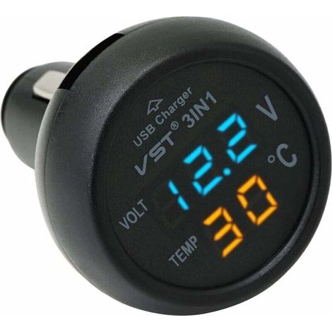 Voltmètre - Thermomètre Numérique - Prise Allume-Cigare - Affichage Tension Batterie 12 V / 24 V - Sortie USB 5 V / 3,5 A - 1 Pièce (1/5)