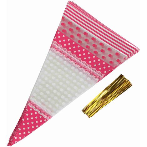 50 sachets transparents en forme de cône pour friandises, sachets à popcorn, sachets à bonbons en cellophane avec attaches torsadées (1/5)