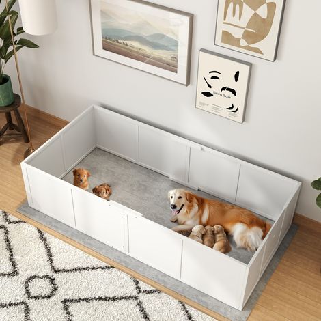 Caisse de mise bas pour chiennes et chiots, avec entrées réglables, pour chiens de toutes tailles, 196 x 96 x 48 cm, blanche (1/5)