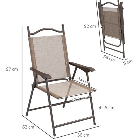 Ensemble de 2 chaises de jardin pliantes (marron) avec accoudoirs et assises en tissu respirant. (1/5)