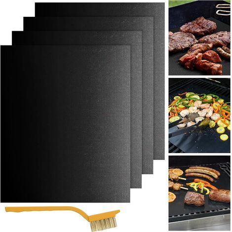 Lot de 4 tapis de cuisson antiadhésifs réutilisables avec brosse de nettoyage incluse – Plaque de cuisson pour barbecue à gaz, charbon de bois et électrique (40 x 32 cm) – Noir (1/4)