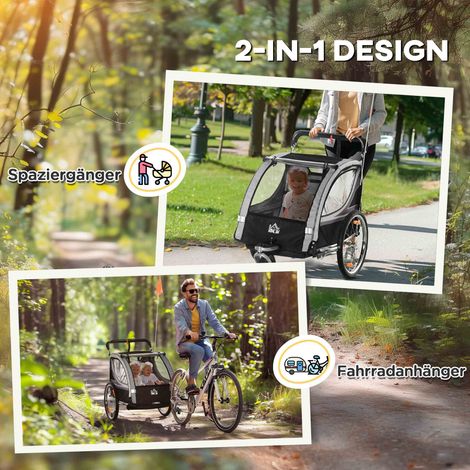 Remorque vélo enfant 2 places pliable avec freins, poussette convertible, gris et noir (1/4)