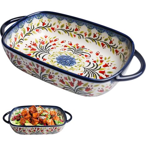 Petit plat à gratin en céramique - Rectangulaire - Avec poignée - Pour 1 personne - Style vintage - En porcelaine - Petit four pour lasagnes, tiramisu, 23,5 x 13 x 5 cm (1/5)