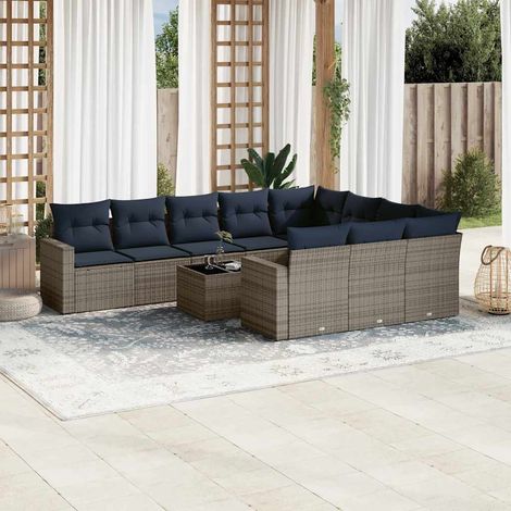 Salon de jardin 11 pcs avec coussins gris résine tressée (1/5)