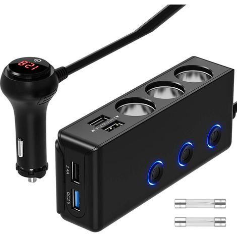 Cargador de coche QC3.0 de 120 W, adaptador de carga rápida, divisor de potencia de 3 salidas de 12-24 V con 4 puertos USB, indicador de voltaje e interruptor de encendido/apagado para coche, camión y (1/5)