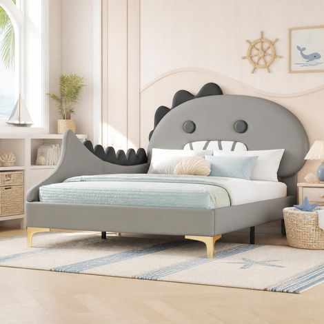 Lit enfant 90x200 dinosaure PU et MDF gris HAVRYA (1/5)