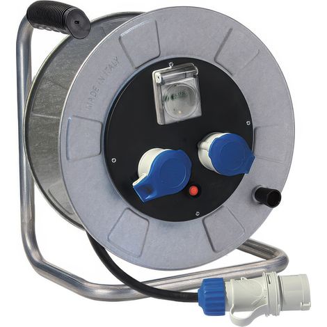 Avvolgicavo 30 m in Lamiera Zincata Ø 320 mm con 2 Prese e Presa Bipasso Schuko Fanton Golia Metal