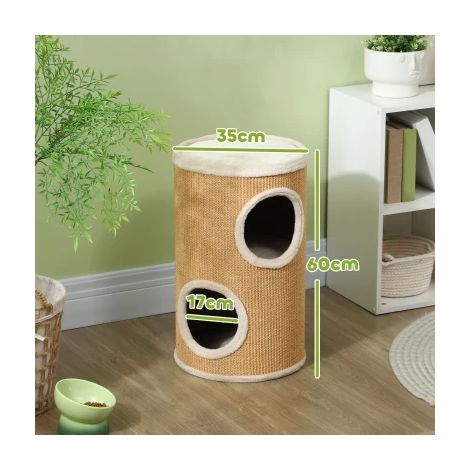 Arbre à chat spacieux, revêtement en peluche, surface en sisal, Ø 35 x 60 cm (H), marron-beige, 10 kg (1/4)