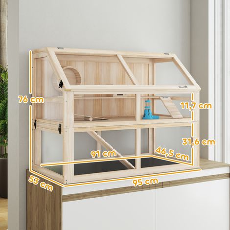 Cage en bois pour hamster, 3 niveaux, cage pour rongeurs, cage pour petits animaux avec bascule, roue d'exercice et cabane, 95 x 53 x 76 cm, bois naturel (1/5)