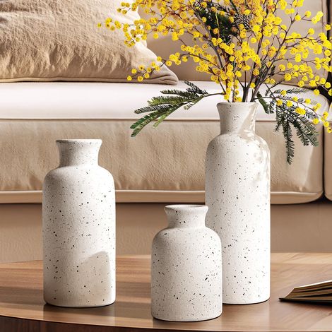 Lot de 3 Vases en Céramique, 25+18,5+13 cm, Vases Mats pour Fleurs Fraîches ou Séchées, Décoration Moderne, Blanc Moucheté (1/5)