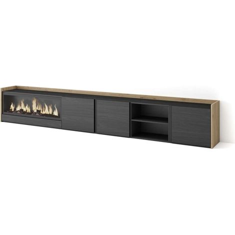Mueble TV Benaoján-02 de 315x50x35 cm con chimenea eléctrica XXL, color negro y roble (1/4)