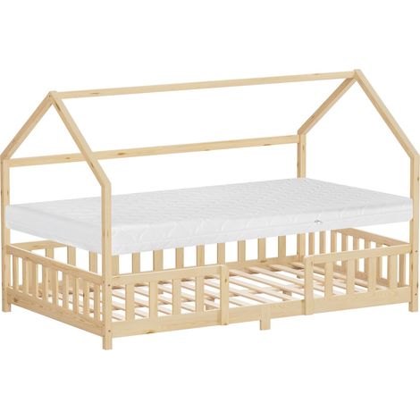 ML-Design Kinderbett Hausbett 120x200 cm mit Matratze, Rausfallschutz, Dach & Lattenrost, Natur, Bettgestell aus Kiefernholz, Montessori Bodenbett, Holzbett für Mädchen & Jungen, Jugendbett Doppelbett