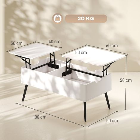 Table basse ajustable, meuble de salon avec espace de stockage caché, 50x100 cm, finition blanc mat (1/5)