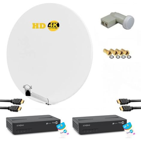 KIT PARABOLE SATELLITE HD 4K FIBRE BLANCHE 85CM + LNB TWIN + 2X RÉCEPTEURS TV FRANSAT AVEC CARTE (1/4)