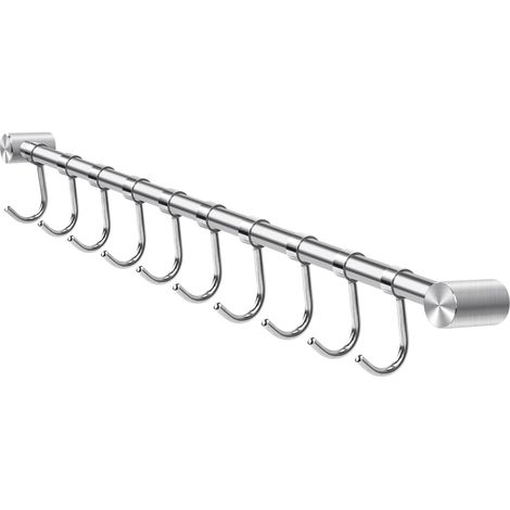 Barre de Suspension de Cuisine en Acier Inoxydable, 53 cm Barre Murale Cuisine Support Ustensile à suspendre Rack avec 10 Crochets Amovibles pour Salle de Bain, Chambre, Bureau (1/5)