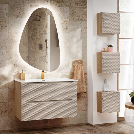 Badmöbel Set 5-teilig mit 90cm Waschtisch, Eiche mit beige, OLUO-56-BEIGE (1/5)