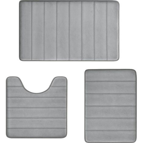 Tapis de bain en mousse à mémoire de forme, gris clair, lot de 3, doux, très absorbants, antidérapants, lavables en machine.