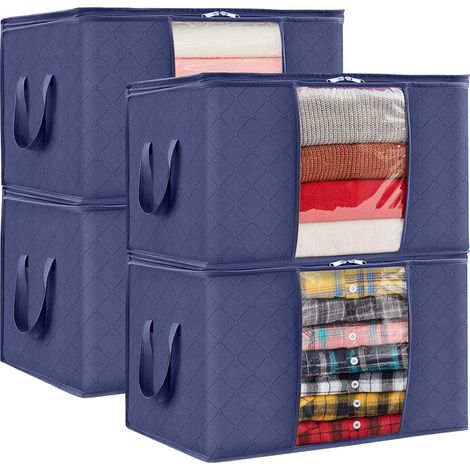4x Organizer, Hülle, Tasche zur Aufbewahrung von Kleidung, Decken, Bettwäsche, Steppdecken, BAGGI, marineblaues 4er-Set.