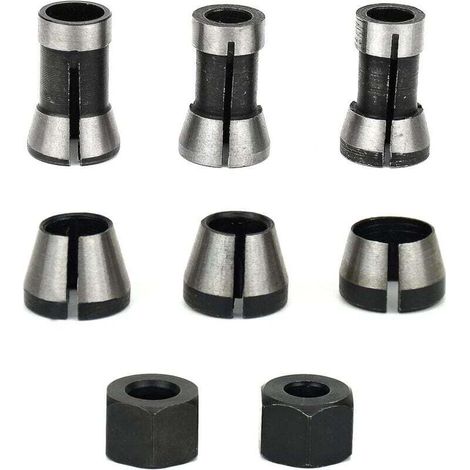 Satz mit 6 hochpräzisen Stahl-Spannzangen für Oberfräsen – 6 mm, 6,35 mm, 8 mm + 2 Muttern