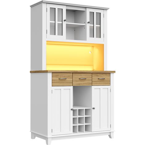 ELVMI Credenza Cucina Alta con 6 Vani, 1 Cassetto, Portabottiglie per 9 Bottiglie e LED per Cucina, in MDF, Bianco, 106 x 40 x 179.5 cm (1/5)