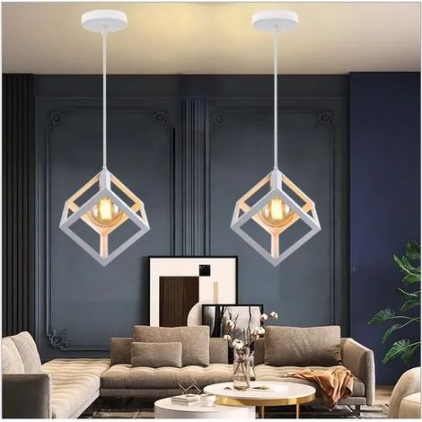 2PCS Lustre Suspension Vintage en Carré Moderne Blanc E27 Lampe Luminaire Industrielle Fer Forge pour Salon Chambre (1/4)