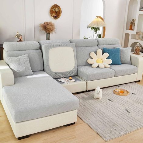 Universal wear-resistant L-shaped stretch sofa cover, non-slip, for chaise lounge (blue leaves, 3-seater) (1/5)