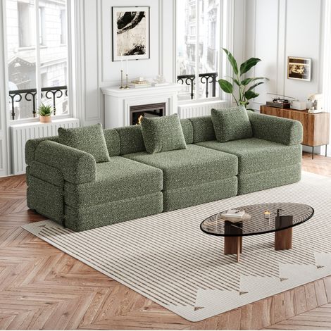 Divano letto 3 posti in ciniglia verde con contenitore nel bracciolo - CHICFURN (1/5)