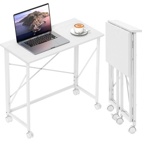 Structure acier pliable Gain de place Bureau à roulettes pour télétravail et chambre table informatique 80x40x75 cm Blanc (1/5)