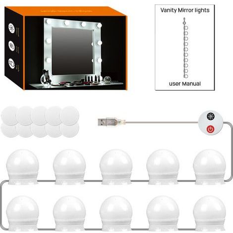 SABIR Kosmetikspiegelleuchte, 10 LED-Lampen, Hollywood-Stil, LED-Spiegelbeleuchtungsset für Badezimmerspiegel, 3 Farben und 9 Helligkeitsstufen, dimmbare Schminkspiegelleuchte (1/5)