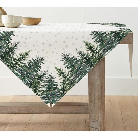 Nappe de table de Noël Pins & flocons de neige 120x120 cm Beige, Polyester, lavable