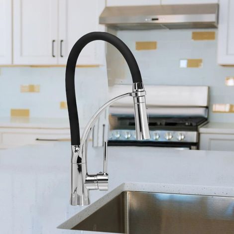 Robinet de Cuisine, Flexible Bec Pivotant à 360° et Tuyau en Silicone Noir Mitigeur Cuisine, avec Douchette Extractible et Pulvérisateur Double Fonction, Froid & Chaud Disponible (1/5)