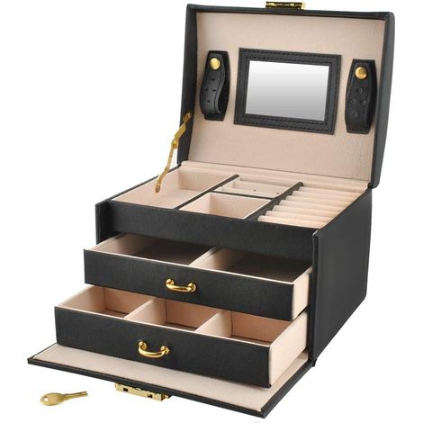 Coffret à bijoux verrouillable avec miroir, poignée, 2 tiroirs, trois compartiments, portable, noir (1/5)