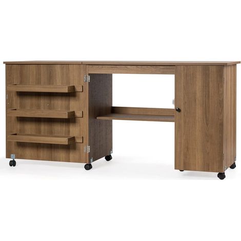 GOPLUS Table de Couture Pliable avec Roues Universelles (2 Verrouillables) et 4 Etageres de Rangement, Table de Machine a Coudre Multifonction 2 en 1 Gain de Place (L[158x50x74cm], Brun fonce) (1/5)