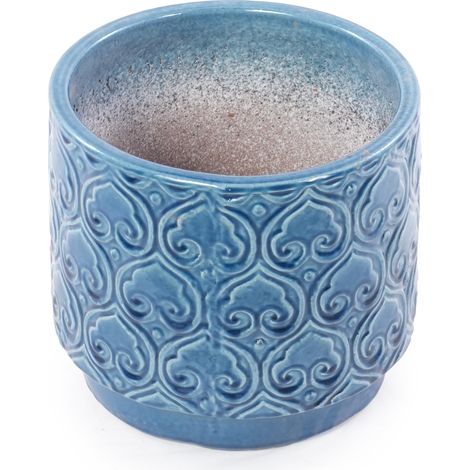 Maceta de cerámica azul brillante Ø19 cm con relieve floral de corazón y orificio de drenaje (1/5)