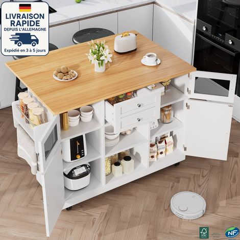 MODFU - Carrito de cocina con ruedas con mesa alta plegable, aparador, 1 cajón + 4 puertas, estantes regulables, MDF, blanco (1/5)