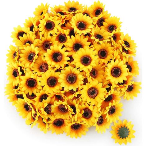 Tete de Tournesol - Fleur Artificielle en Soie - Diametre 7 cm - Jaune - Decoration Mariage Jardin Bureau Fete Noel - Lot de 100 Unites (1/5)