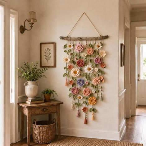 Décoration murale en coton faite à la main en macramé floral en cascade pour décoration de jardin bohème