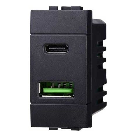 Lademodul mit zwei Anschlussbuchse USB Type-A + Type-C Bticino Livinglight kompatibler 5Vdc 3.1A schwarz Farbe