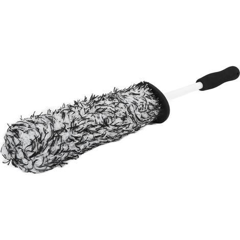 Brosse de nettoyage pour pneus et roues de voiture en microfibre douce et multifonctionnelle à longue portée pour pot d'échappement, pare-chocs et garde-boue. Gris et blanc. (1/5)