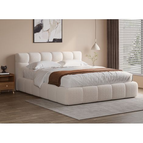 Deco In Paris – Lit coffre en tissu bouclette écru 160x200 cm – Rangement sous sommier – Tête de lit capitonnée – Design moderne et élégant