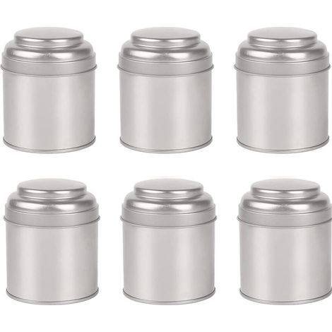 Un juego de 6 cajas de té plateadas con tapas de doble cierre. (1/2)