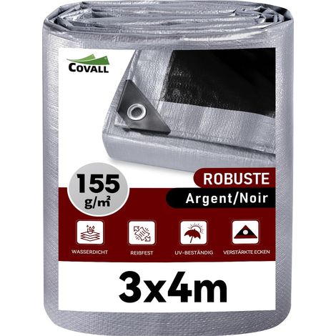 Bâche de Protection Imperméable pour Extérieur, Polyéthylène Renforcée avec Oeillets Anti-UV – pour, Jardin, Camping, Bois, 155 g/m² Argent/Noir, 3x4m (1/5)