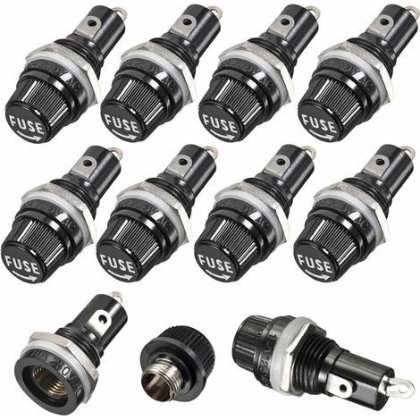 Portafusibile 10 pz 5 x 20mm AC 10A 250V Portafusibile con tappo a vite nero, Portafusibile con tappo a vite montato a pannello (1/5)