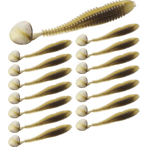 15 leurres souples en silicone, imitation queue en T, bicolores avec motif spirale, type A, pour la pêche en mer. (1/5)