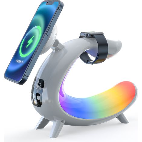 Lampe de chevet multifonctionnelle sans marque modèle blanc ABS 19x16cm charge sans fil Bluetooth horloge veilleuse LED (1/4)