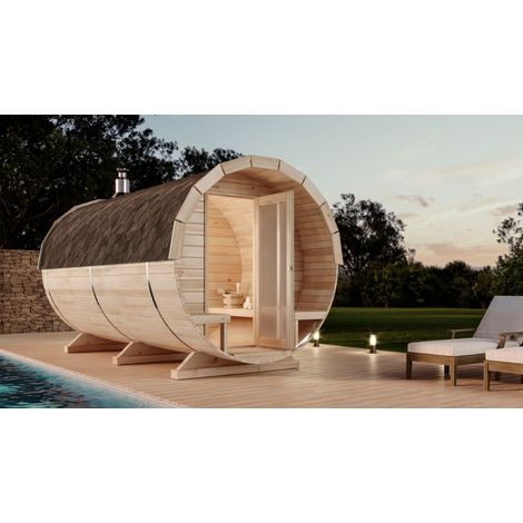 Sauna tonneau traditionnel 220 x 400 cm – Épaisseur des parois 42 mm – Intérieur spacieux pour 4 personnes – Auvent avec sièges – Finntherm (1/5)
