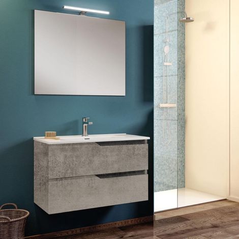 Mobile da bagno sospeso moderno con lavabo 62 cm a 2 cassetti maniglie a gola, cemento (1/2)