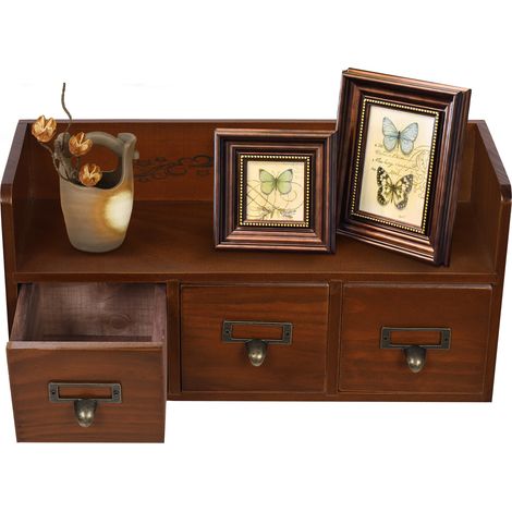 Meuble de rangement en bois brun, commode à 3 tiroirs vintage avec étagère ouverte, organisateur de cosmétiques, pour salon et chambre (1/5)